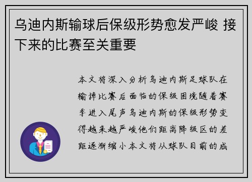 乌迪内斯输球后保级形势愈发严峻 接下来的比赛至关重要